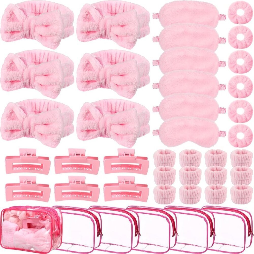 Spa Party Supplies Set 42 Pcs Pink Sleep Masks Headbands Cosmetic Bags